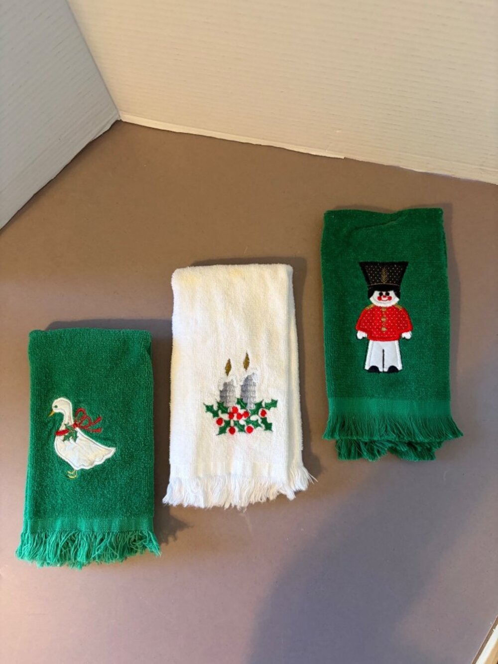 Vintage Christmas Hand Towels Set Of 3 With Goose Candle & Nutcracker Embroidery